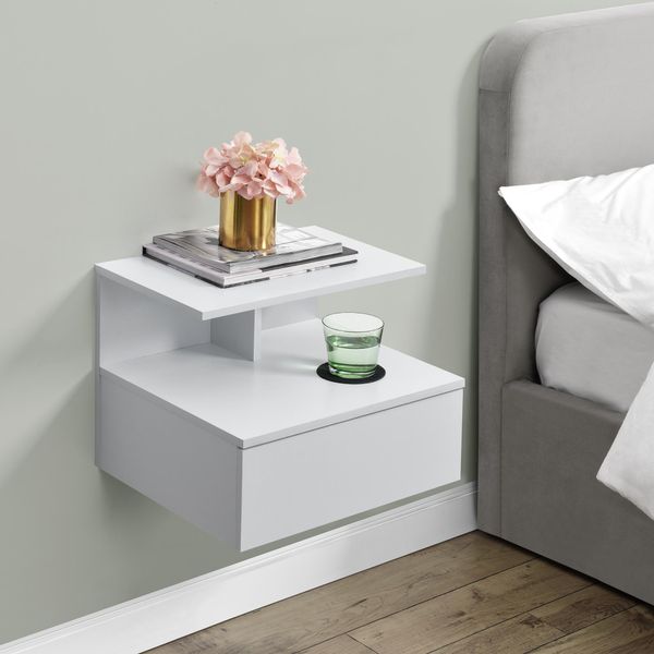 Mensola A Muro 'Amberg' Comodino Sospeso 40 X 35 X 31 Cm Con Cassetto E 2 Ripiani Bianco-image