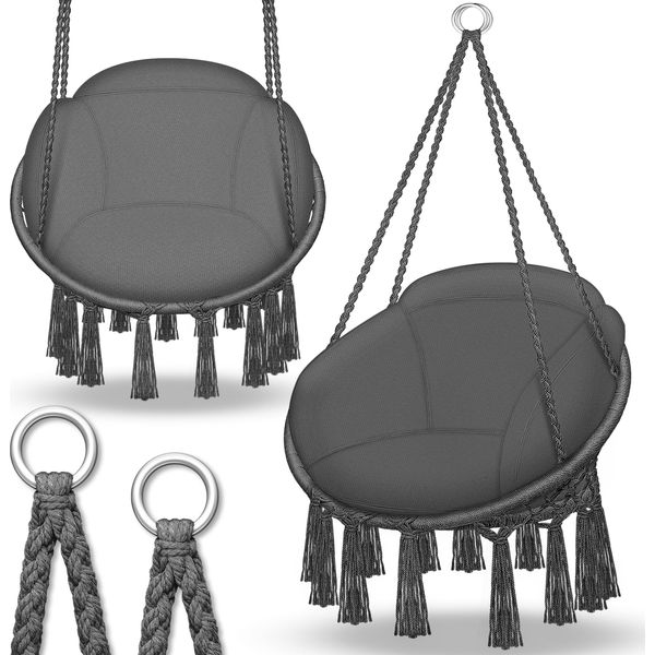 Tillvex Sedia Sospesa Antracite Con Cuscino Grande150Kg Da Appendere | Sedia Sospesa Per Interni Ed Esterni | Cesto Appeso Resistente Alle Intemperie | Cesto Per Altalena-image