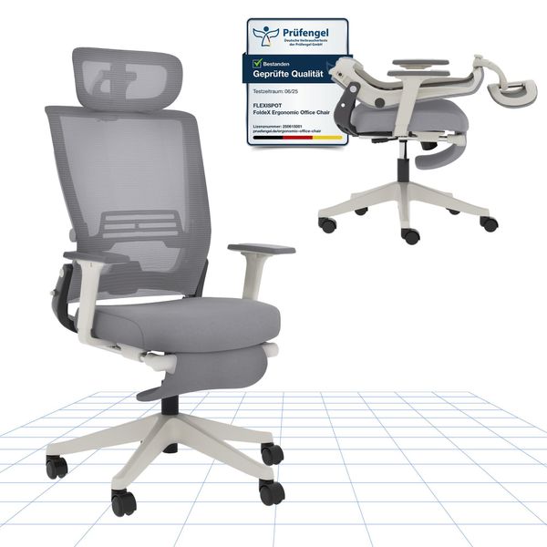 Flexispot Foldex Sedia Da Ufficio Ergonomica, Sedia Da Ufficio Pieghevole Per Piccoli Spazi Con Supporto Lombare Braccioli Regolabili In Altezza Con Poggiapiedi Grigio-image