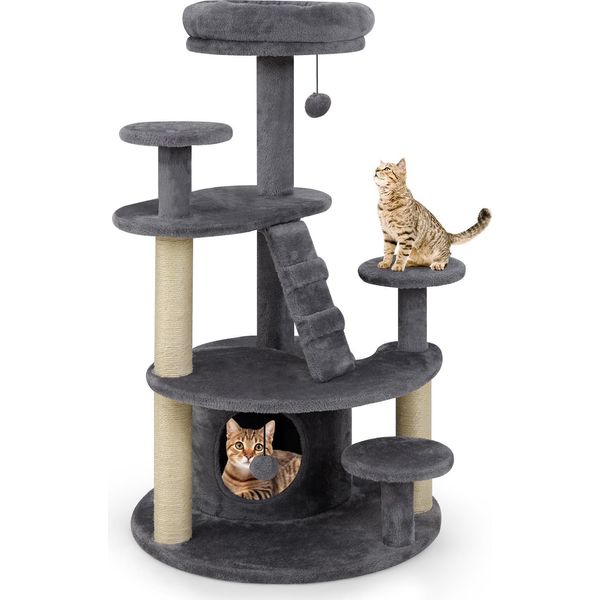 Costway Piccolo Tiragraffi, Albero Di Legno Per Gatti, Tiragraffi Per Gatti Con Grotta Per Gatti, Palla, Scala, Piattaforme E Tiragraffi, Albero Da Arrampicata Per Gatti, Gatti Grigi-image