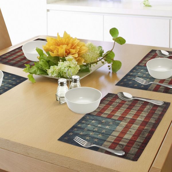 Abakuhaus Usa Tovagliette, Quarto Di Luglio, Giorno Dell'indipendenza, Dipinto Su Sfondo Rustico In Legno Antico, Tiscjdeco In Tessuto Resistente Ai Colori Per La Sala Da Pranzo E La Cucina, Marrone Chiaro, Blu, Rosso-image