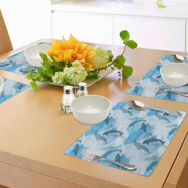 Abakuhaus Tovagliette Con Motivi Marini, Silhouette Di Delfini E Pesci Sotto Le Onde Del Mare In Design Contemporaneo, Tiscjdeco In Tessuto Resistente Al Lavaggio Per La Sala Da Pranzo E La Cucina, Blu Grigio-image