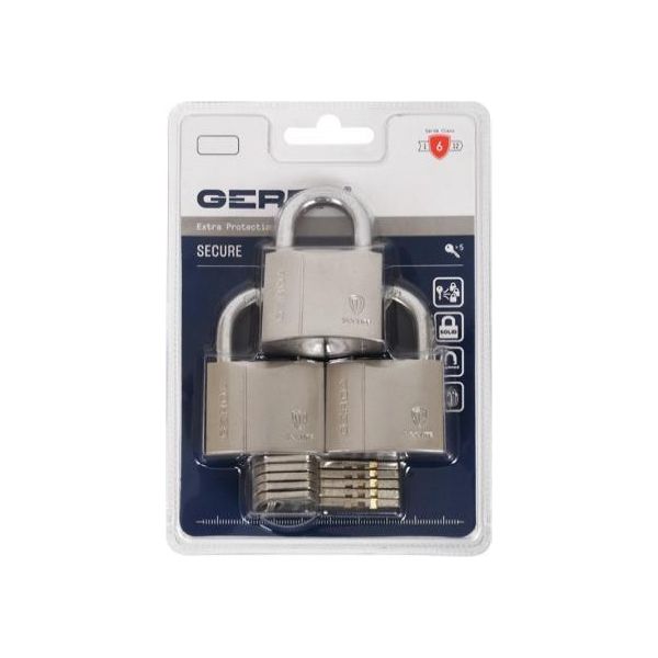 Lucchetti In Ottone Nichelato (3 Pezzi) Gerda Secure Ksws S40, Con Chiave Uguale, 5 Chiavi Incluse, Confezione In Blister-image