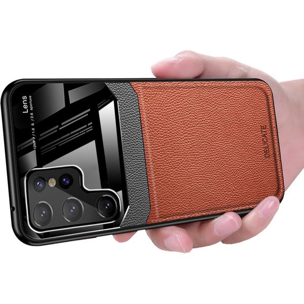 Custodia Per Samsung Galaxy S23 Ultra, Ibrido Tpu Bumper, Antiscivolo, Custodia In Pelle Con Texture Litchi E Vetro Protettivo Marrone-image