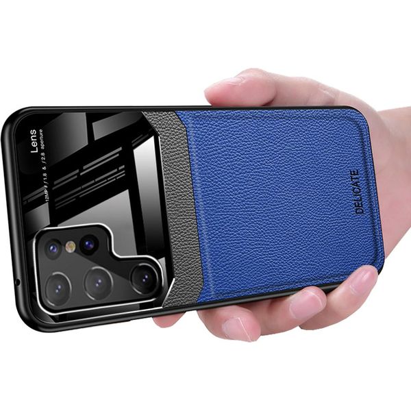 Custodia Per Samsung Galaxy S23 Ultra, Ibrido Tpu Bumper, Antiscivolo, Custodia In Pelle Con Texture Litchi E Vetro Protettivo Blu-image