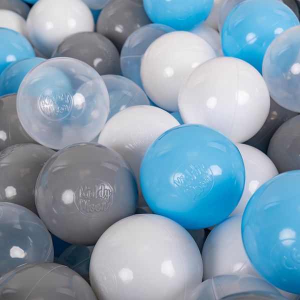 Kiddymoon 100 ? 7 Cm Palline Per Bambini Palline Da Gioco Per Vasca Da Bagno Palline Di Plastica Per Bambini Prodotte In Ue, Grigio/Bianco/Trasparente/Blu Bambino-image