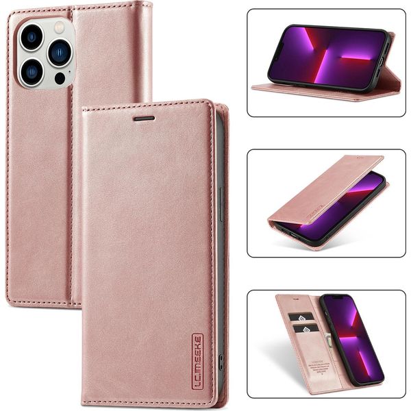 Custodia In Pelle Per Iphone 13 Pro Max Con Funzione Stand E Portacarte, Custodia Con Design A Portafoglio Per Iphone 13 Pro Max Rosa-image