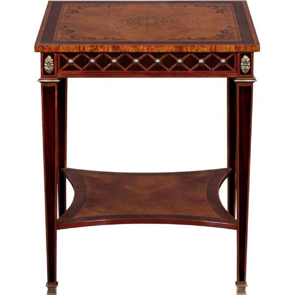 Casa Padrino Tavolino Art Deco Colori Naturali / Intarsi Marroni / Argento / Ottone Antico 61 X 61 X H. 77 Cm - Tavolino Quadrato In Legno Massiccio Con Cassetto - Mobili Da Salotto Art Deco-image