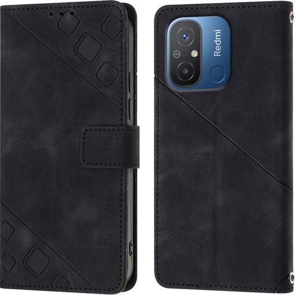 Cover Per Xiaomi Redmi 12C Embossed Flip Leather Wallet Case Con Stand Nero-image