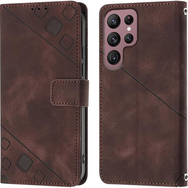 Custodia Per Samsung Galaxy S22 Ultra 5G In Rilievo Custodia A Portafoglio In Pelle Flip Con Funzione Stand Marrone-image