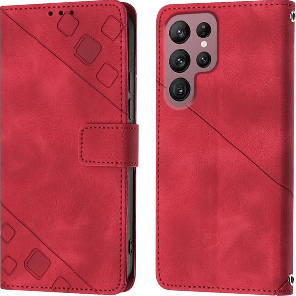 Custodia Per Samsung Galaxy S22 Ultra 5G In Rilievo Custodia A Portafoglio In Pelle Flip Con Funzione Stand Rosso-image