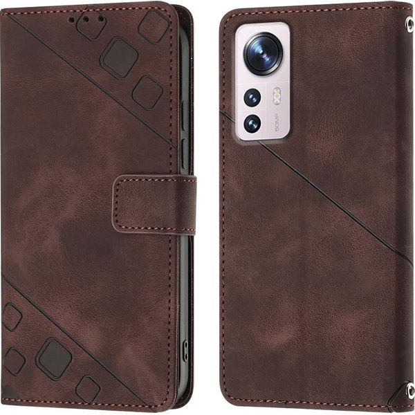 Cover Per Xiaomi 12 Embossed Flip Leather Wallet Case Con Stand Brown-image