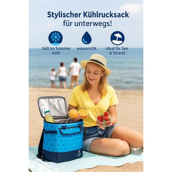 Anemoss Marine Collection Sailboat Zaino Freddo, Borsa Isolata Per Il Trasporto Di Cibi Caldi E Freddi, Lunch Box Termico, Cool Box Per Esterni, Spiaggia, Picnic, Campeggio, 25 L, Blu-image