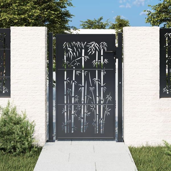 The Living Store Cancello Da Giardino Antracite 105X130 Cm In Acciaio Design Bambù-image