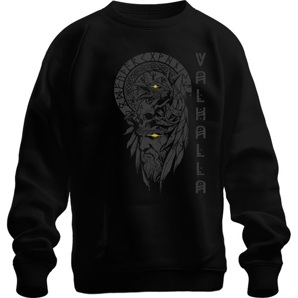 Vichingo Odino Occhio Giallo Valhalla Corvo Rune Nordiche Mitologia Felpa Unisex Pullover, Nero, Xxl-image