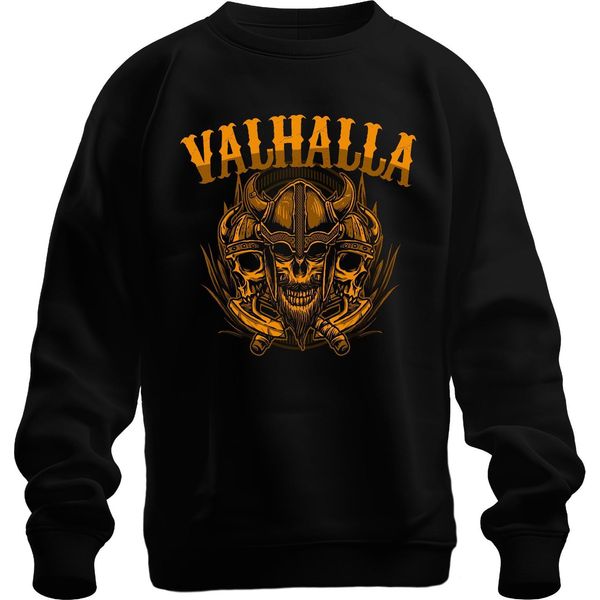 Valhalla Viking Skull Helmet Axes Norse Mythology Runes Unisex Felpa Pullover, Nero, M-image