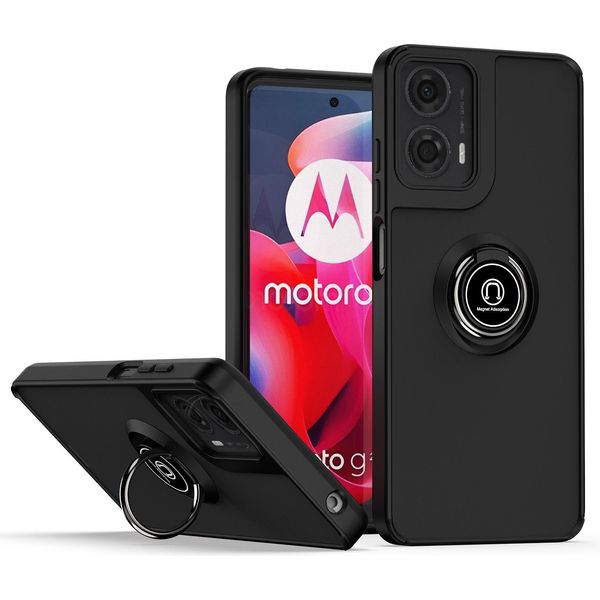 Custodia Per Motorola Moto G24 / G04 Traslucida Opaca In Tpu Con Supporto Ad Anello E Supporto Nero-image