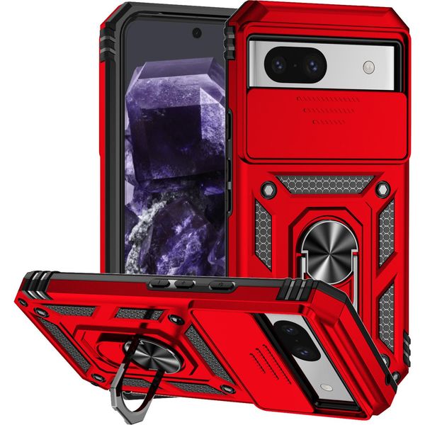 Custodia Per Google Pixel 8A A Doppio Strato Con Copertura Scorrevole Della Fotocamera E Supporto Ad Anello Rosso-image