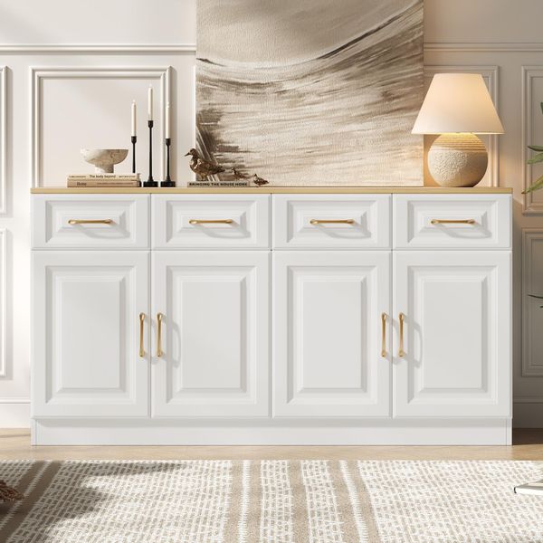 Credenza Buffet Merax 140 Cm Con 4 Cassetti E 4 Ante, Cassettiera In Legno In Stile Rustico, Spazio Di Archiviazione Per Cucina, Soggiorno, Sala Da Pranzo, Rovere Bianco-image