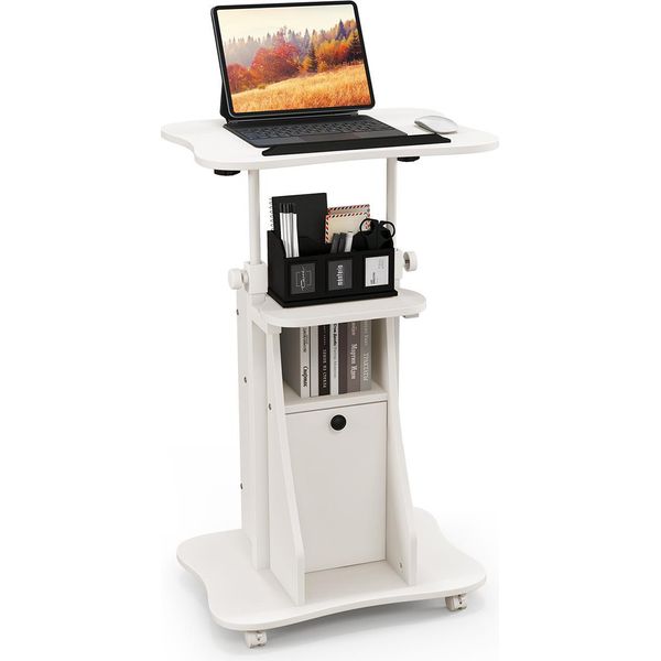 Costway Leggio Mobile, Leggio Regolabile In Altezza Su Rotelle Con Piano Inclinabile E Mobile, Tavolo Alto Per Stare In Piedi O Seduti, Bianco-image