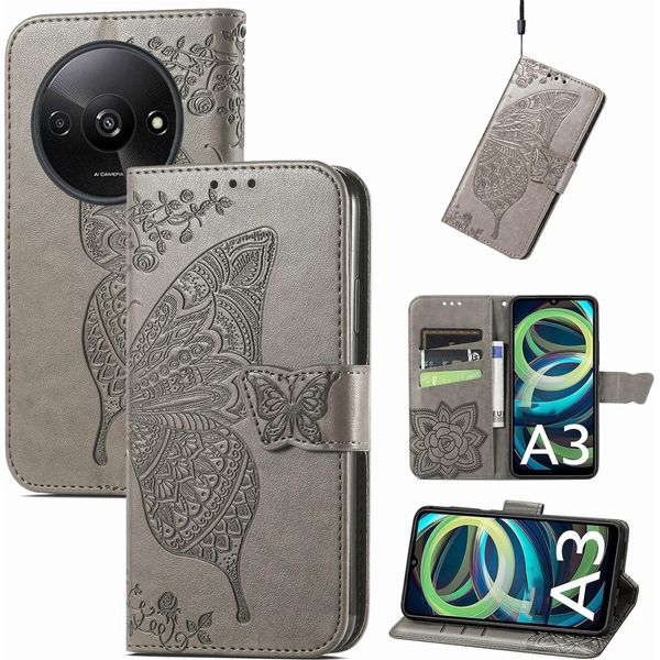 Per Xiaomi Redmi A3 Custodia In Per Telefono Cellulare Con Portafoglio Butterfly Design Cover Case Grigio-image