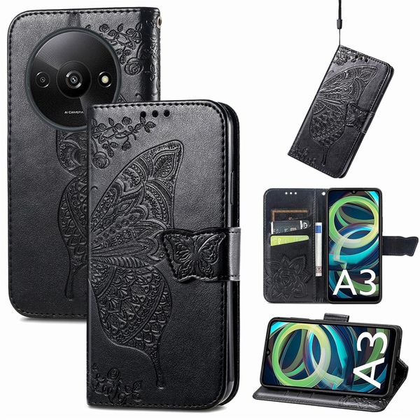 Per Xiaomi Redmi A3 Portafoglio In Custodia Per Telefono Cellulare Farfalla Design Cover Case Nero-image