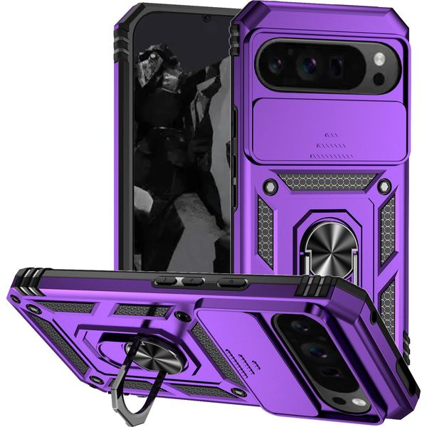 Custodia Per Google Pixel 10 Pro A Doppio Strato Con Copertura Scorrevole Della Fotocamera E Supporto Ad Anello Viola-image