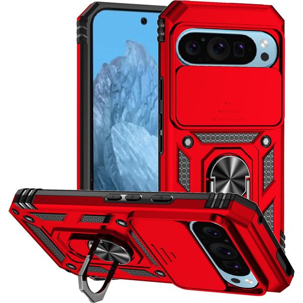 Custodia Per Google Pixel 9 A Doppio Strato Con Copertura Scorrevole Della Fotocamera E Supporto Ad Anello Rosso-image