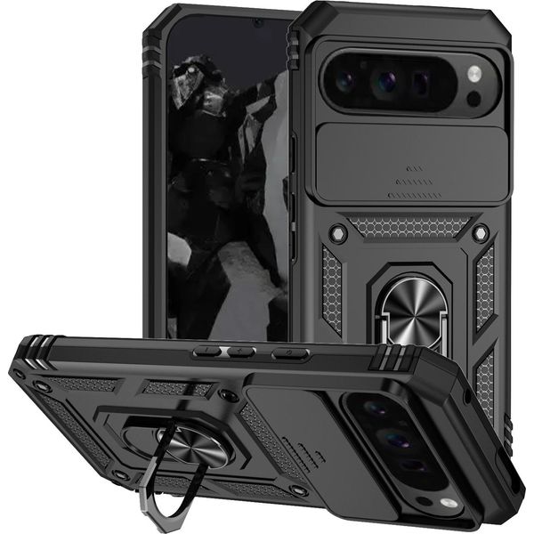 Custodia Per Google Pixel 10 Pro Xl A Doppio Strato Con Copertura Scorrevole Della Fotocamera E Supporto Ad Anello Nero-image