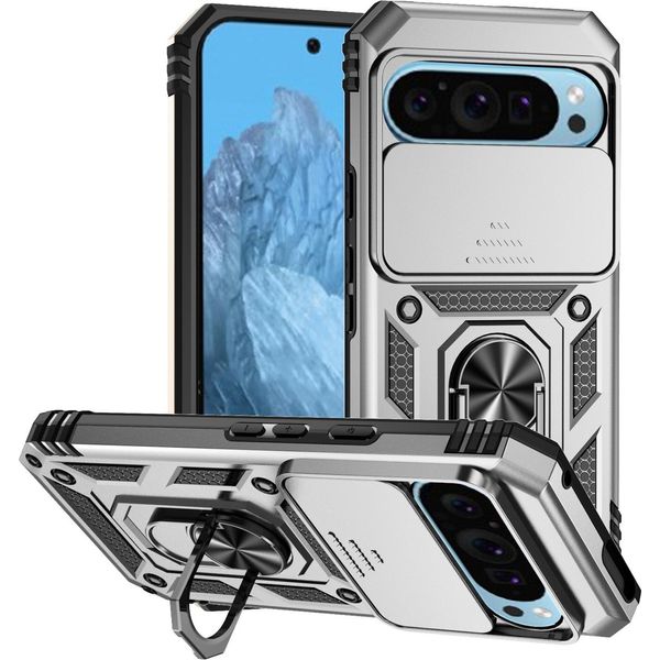 Custodia Per Google Pixel 10 A Doppio Strato Con Copertura Scorrevole Della Fotocamera E Supporto Ad Anello Argento-image