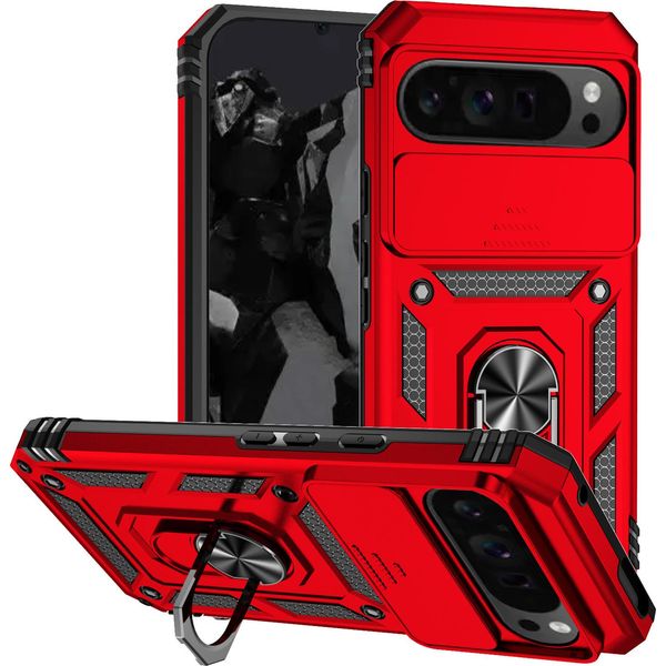 Custodia Per Google Pixel 9 Pro A Doppio Strato Con Copertura Scorrevole Della Fotocamera E Supporto Ad Anello Rosso-image