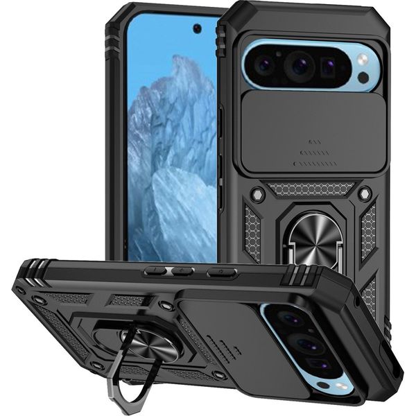 Custodia Per Google Pixel 9 A Doppio Strato Con Copertura Scorrevole Della Fotocamera E Supporto Ad Anello Nero-image