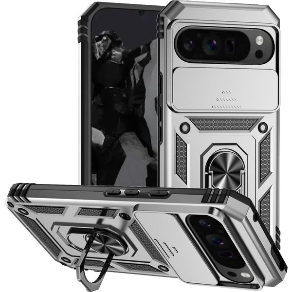 Custodia Per Google Pixel 10 Pro A Doppio Strato Con Copertura Scorrevole Della Fotocamera E Supporto Ad Anello Argento-image