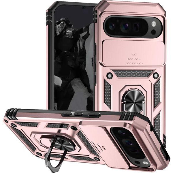 Custodia Per Google Pixel 10 Pro A Doppio Strato Con Copertura Scorrevole Della Fotocamera E Supporto Ad Anello Rosa-image