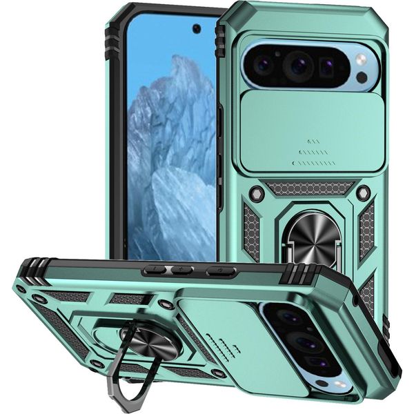 Custodia Per Google Pixel 9 A Doppio Strato Con Copertura Scorrevole Della Fotocamera E Supporto Ad Anello Verde-image