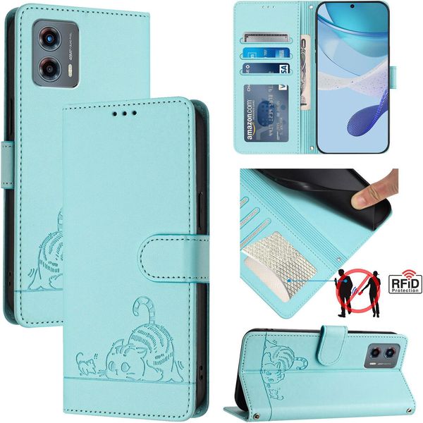 Custodia In Pelle Per Motorola Moto G (2023), Dolce Gatto Custodia Flip Con Funzione Stand E Portafoglio Verde Chiaro-image