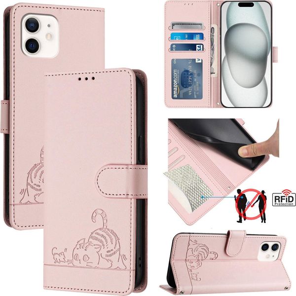 Custodia In Pelle Per Iphone 12 / 12 Pro, Dolce Gatto Custodia Flip Con Funzione Stand E Portafoglio Rosa-image