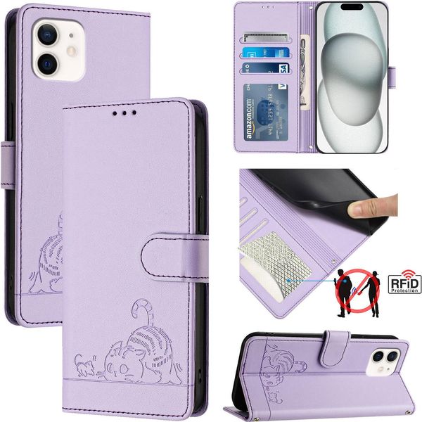 Custodia In Pelle Per Iphone 12 / 12 Pro, Dolce Gatto Custodia Flip Con Funzione Stand E Portafoglio Viola-image