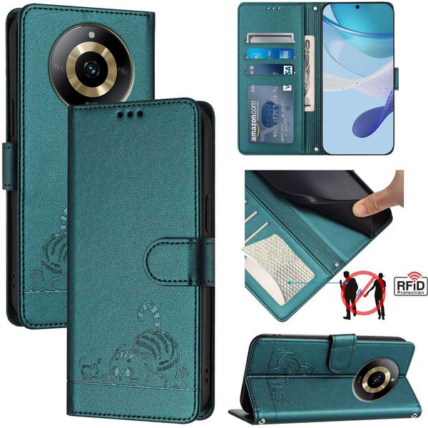 Custodia In Pelle Per Realme 11 4G, Dolce Gatto Custodia Flip Con Funzione Stand E Portafoglio Verde-image