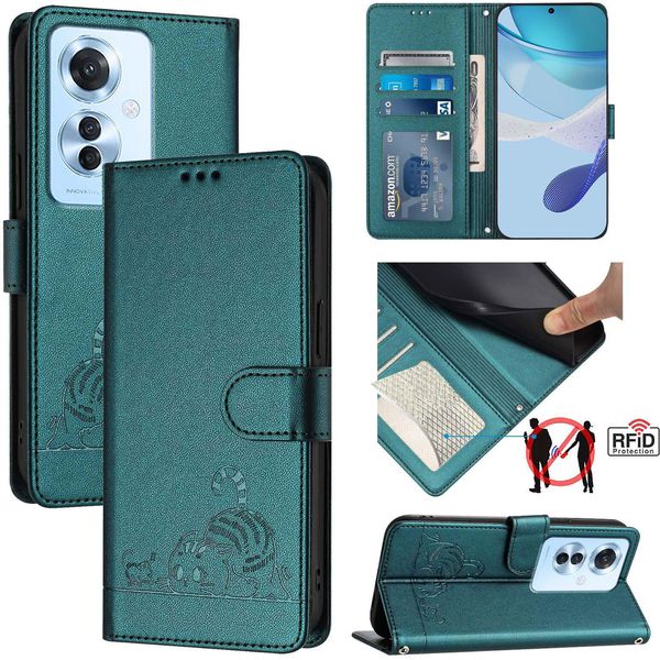 Custodia In Pelle Per Oppo Reno11F, Dolce Gatto Custodia Flip Con Funzione Stand E Portafoglio Verde-image