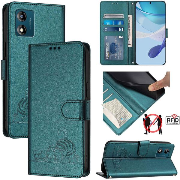 Custodia In Pelle Per Motorola Moto E13, Dolce Gatto Custodia Flip Con Funzione Stand E Portafoglio Verde-image
