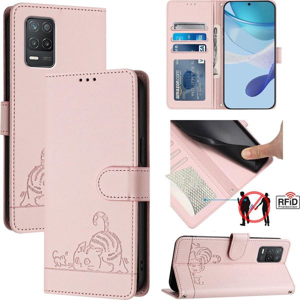 Custodia In Pelle Per Realme 8 5G, Dolce Gatto Custodia Flip Con Funzione Stand E Portafoglio Rosa-image