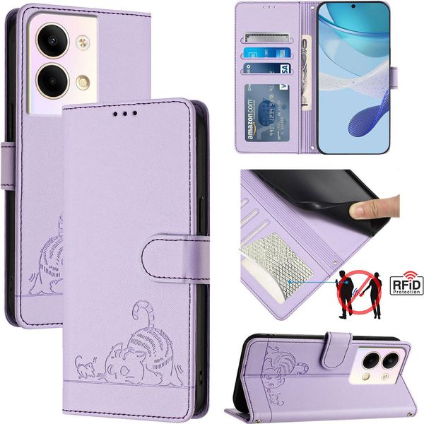 Custodia In Pelle Per Oppo Reno9 / Reno9 Pro, Dolce Gatto Custodia Flip Con Funzione Stand E Portafoglio Viola-image