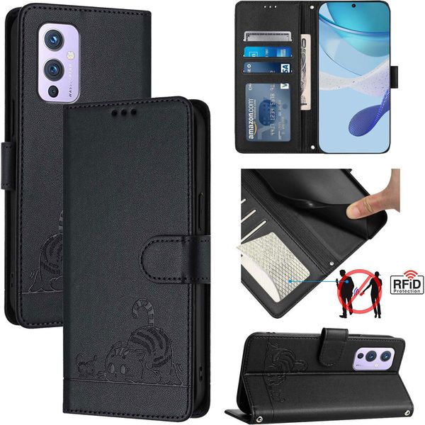 Custodia In Pelle Per Oneplus 9, Dolce Gatto Custodia Flip Con Funzione Stand E Portafoglio Nero-image