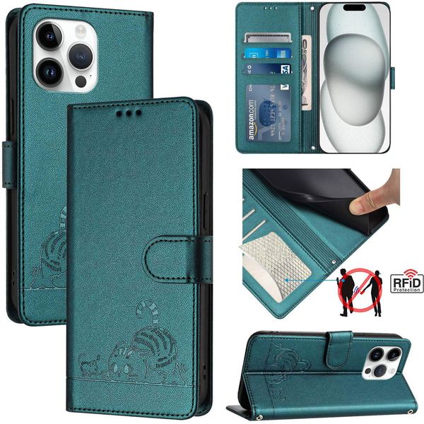 Custodia In Pelle Per Iphone 15 Pro Max, Dolce Gatto Custodia Flip Con Funzione Stand E Portafoglio Verde-image