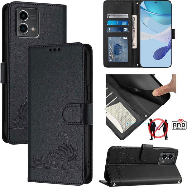 Custodia In Pelle Per Motorola Moto G Stylus 5G (2024), Dolce Gatto Custodia Flip Con Funzione Stand E Portafoglio Nero-image