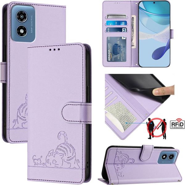 Custodia In Pelle Per Motorola Moto G (2024), Dolce Gatto Custodia Flip Con Funzione Stand E Portafoglio Viola-image