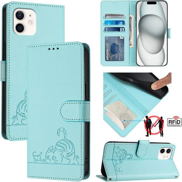 Custodia In Pelle Per Iphone 12 Mini, Dolce Gatto Custodia Flip Con Funzione Stand E Portafoglio Verde Chiaro-image