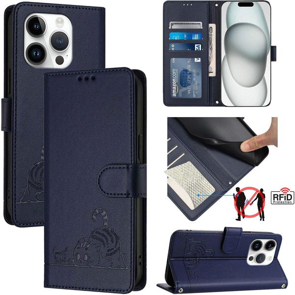 Custodia In Pelle Per Iphone 14 Pro, Dolce Gatto Custodia Flip Con Funzione Stand E Portafoglio Blu-image