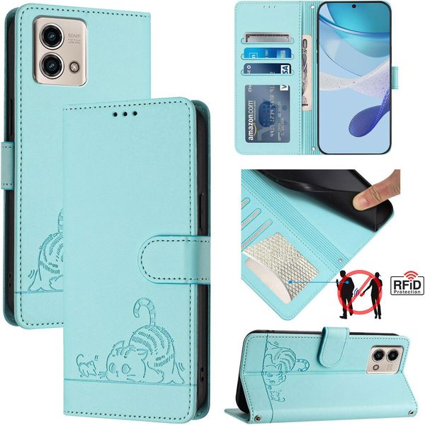 Custodia In Pelle Per Motorola Moto G Stylus 4G (2023), Dolce Gatto Custodia Flip Con Funzione Stand E Portafoglio Verde Chiaro-image
